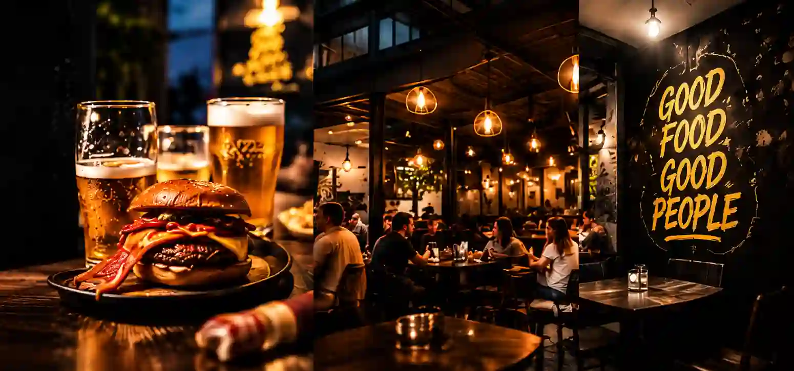 Momentos da experiência The Vila Burger: burger e chopp na mesa, salão iluminado e mural Good Food Good People