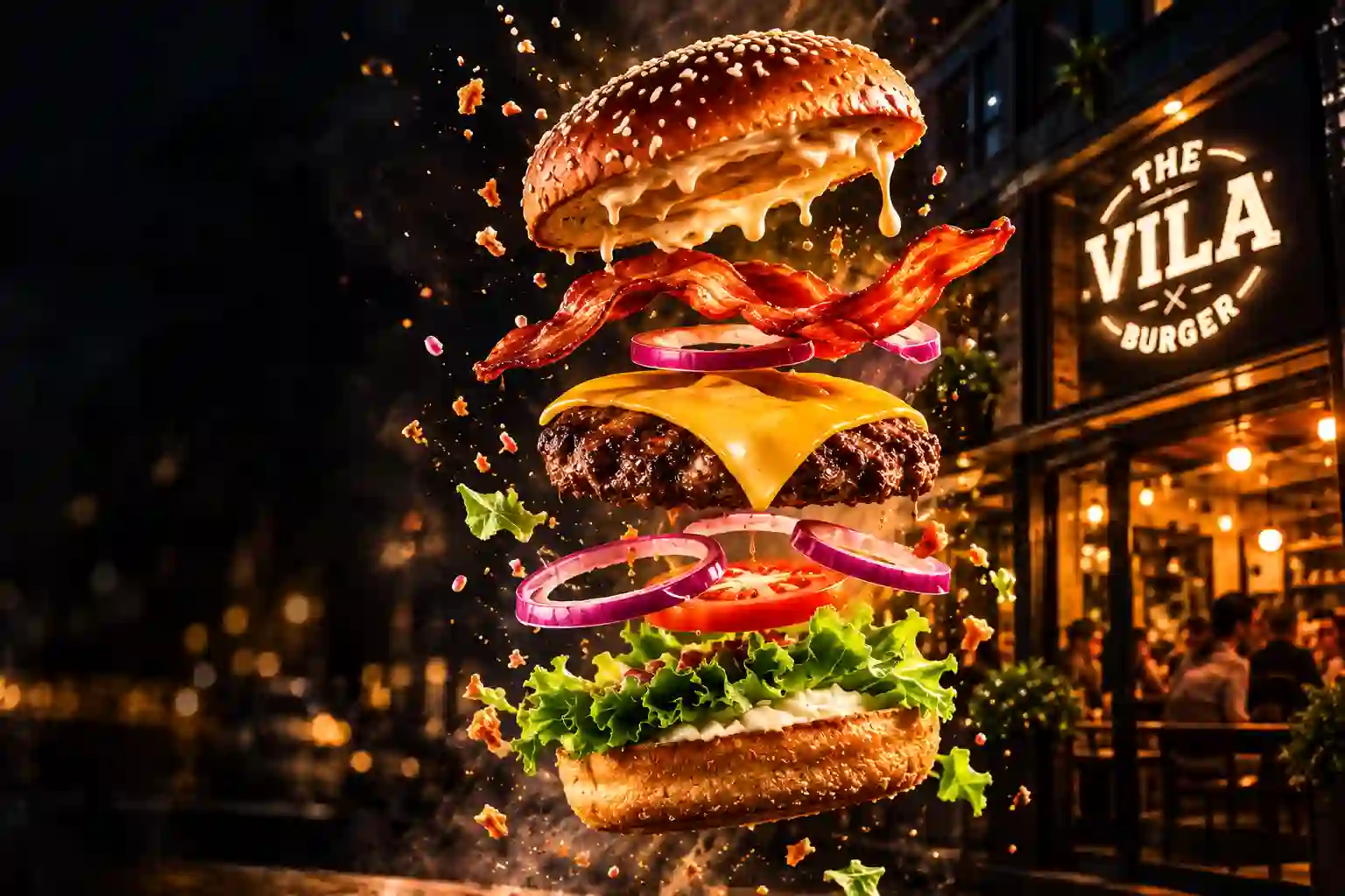 Hambúrguer artesanal The Vila Burger explodindo em camadas, com a fachada iluminada da hamburgueria ao fundo