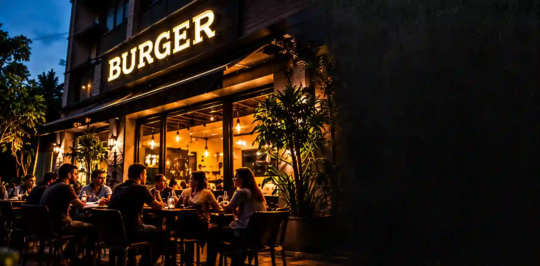 Fachada iluminada do The Vila Burger à noite, com clientes nas mesas externas